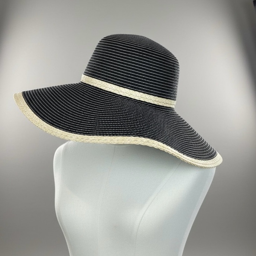 Women’s Black Wide-Brim Woven Sun Hat Ivory Trim Serra  Adjustable Like New